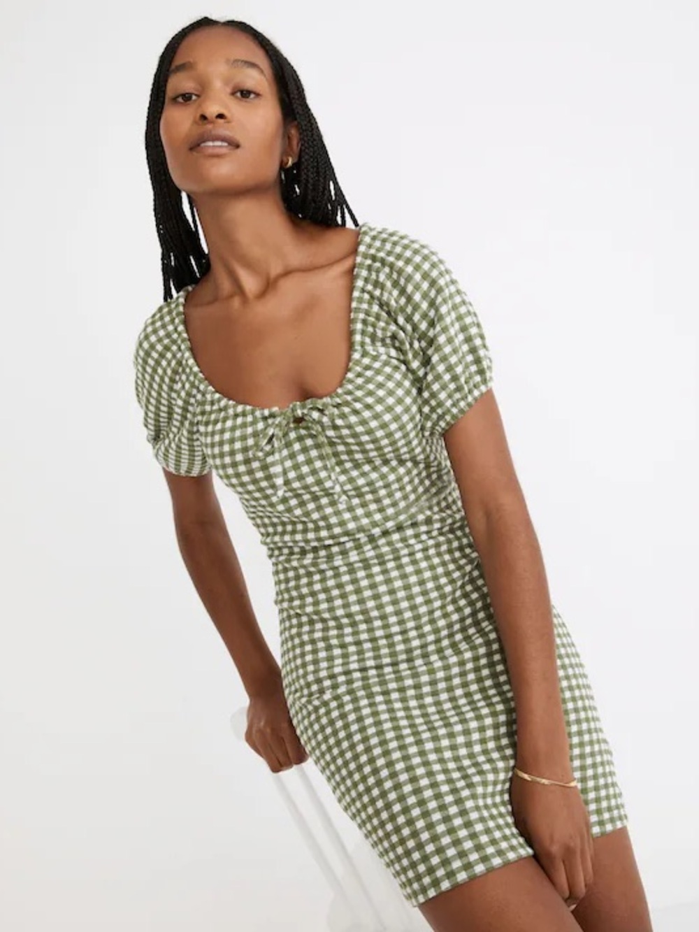Madewell Green & White Gingham Mini Dress with Puff Sleeves - Picture 3 of 6